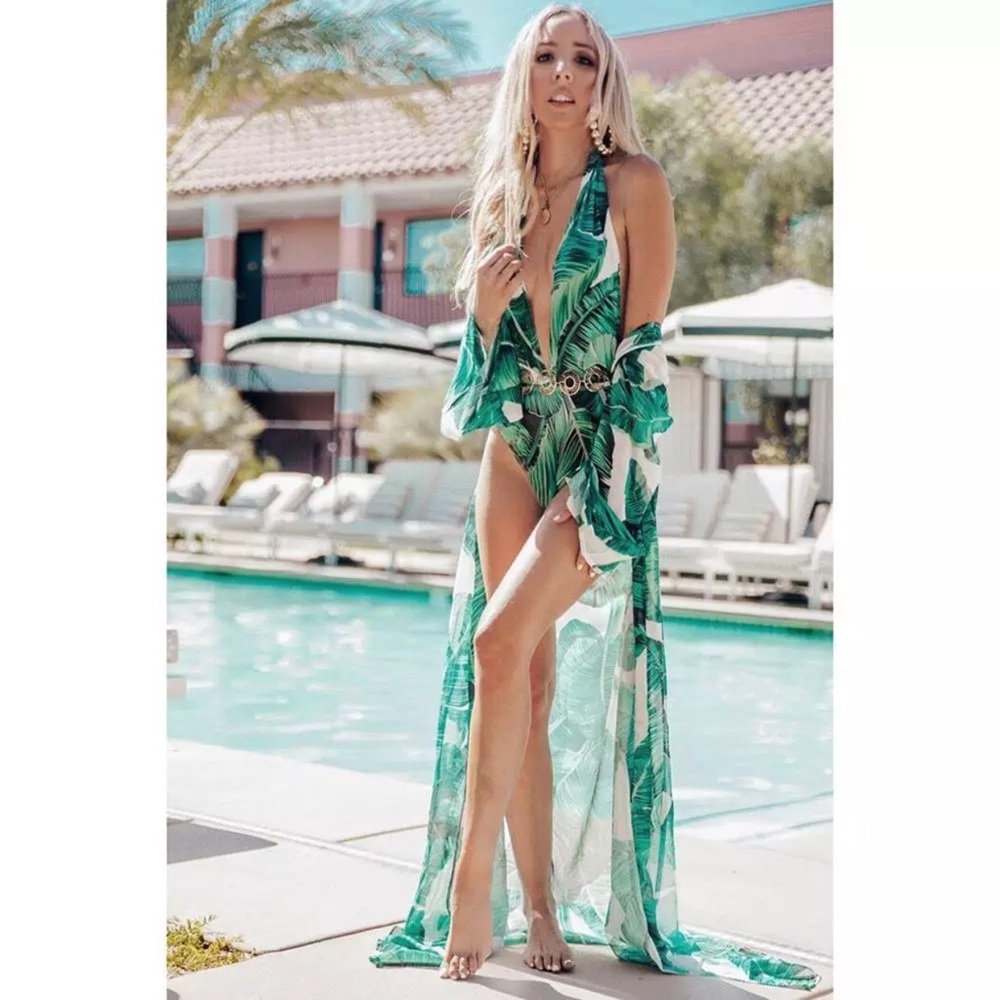 PALM LEAF PRINT LONG KIMONO-TOP-BEACH COVERUP-NEW - Picture 2 of 6